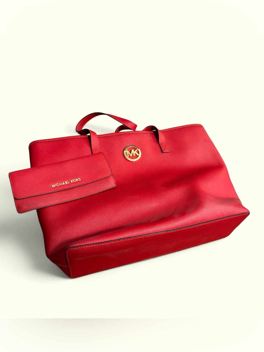 Michael Kors Red Leather Tote with Gold MK Medallion and Matching Pouch